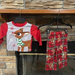 Festive Reindeer Kids Pajama Set - Red and Gray